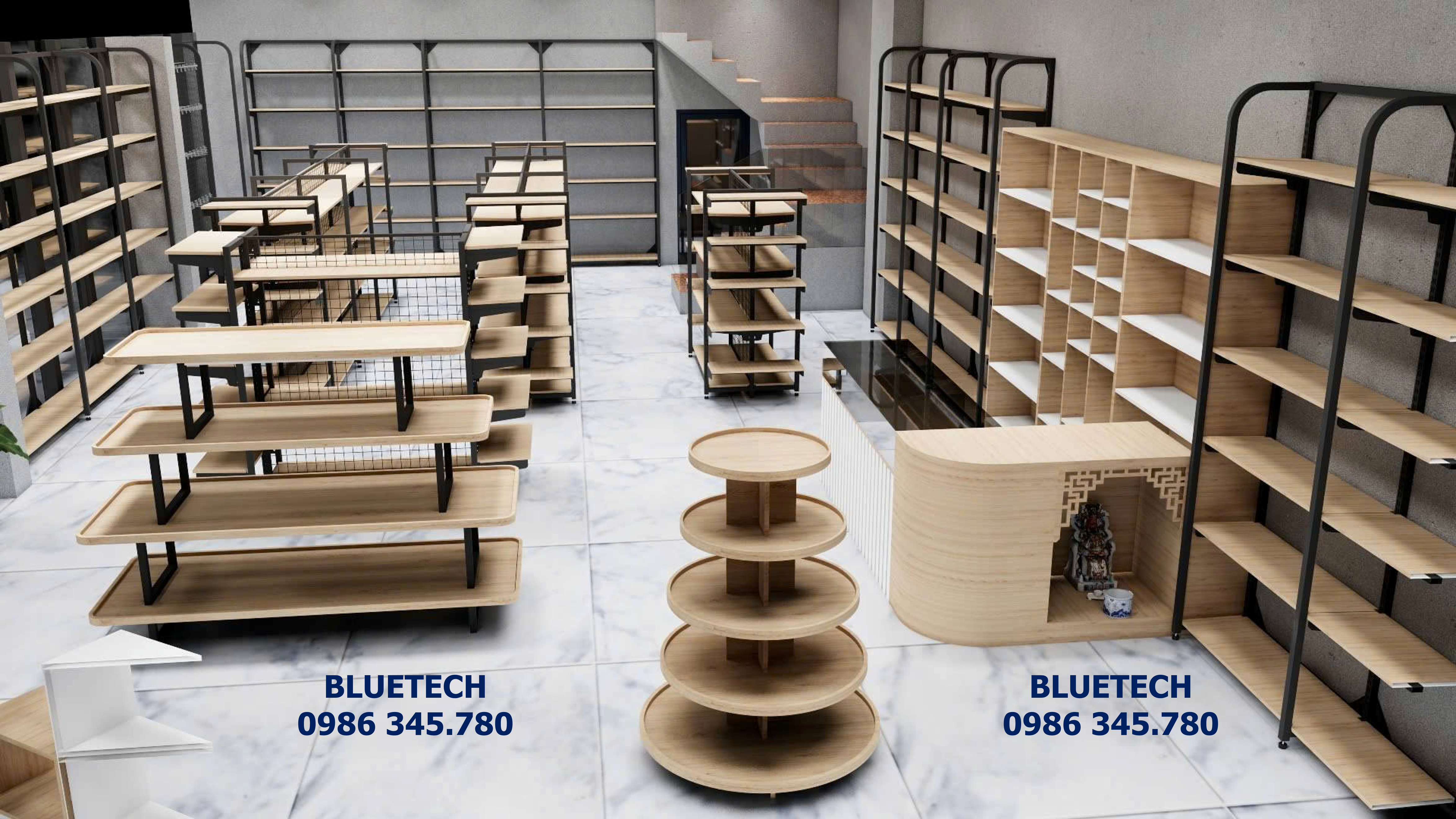 giá kẹ siêu thị shop bluetech. setup trọn gói