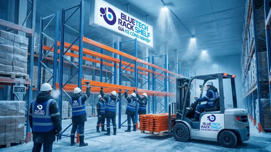 Đội ngũ kỹ sư Bluetech đang thi công lắp đặt hệ thống kệ kho lạnh công nghiệp bằng xe nâng chuyên dụng trên toàn quốc