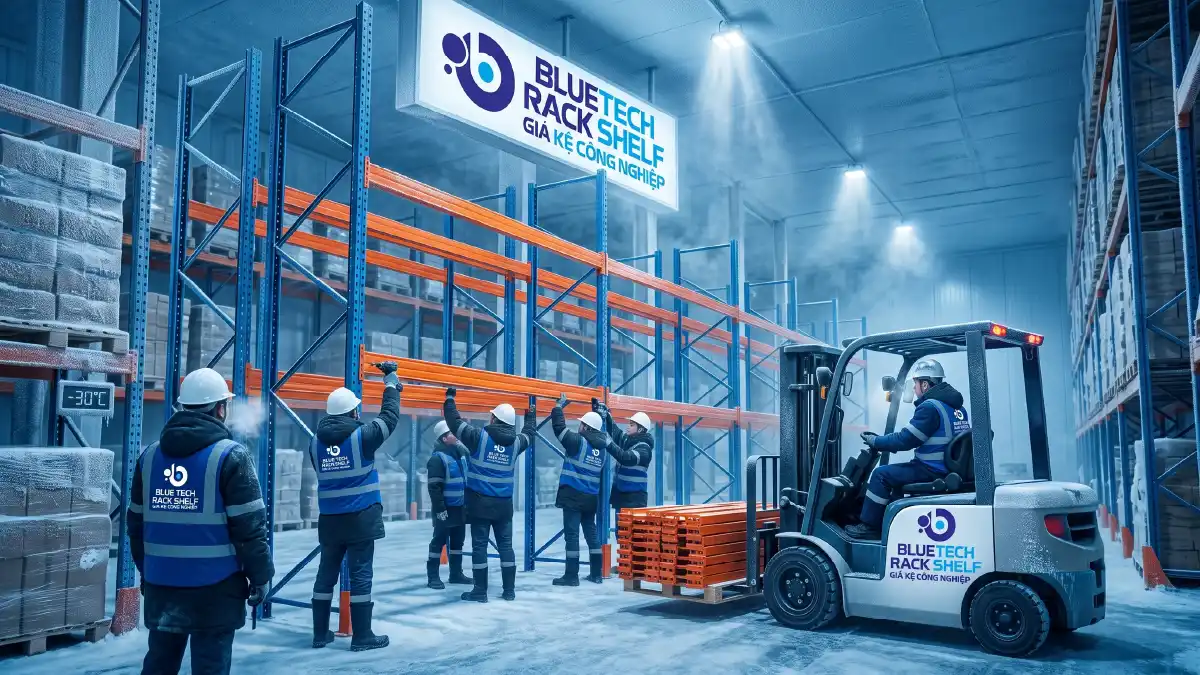 Đội ngũ kỹ sư Bluetech đang thi công lắp đặt hệ thống kệ kho lạnh công nghiệp bằng xe nâng chuyên dụng trên toàn quốc