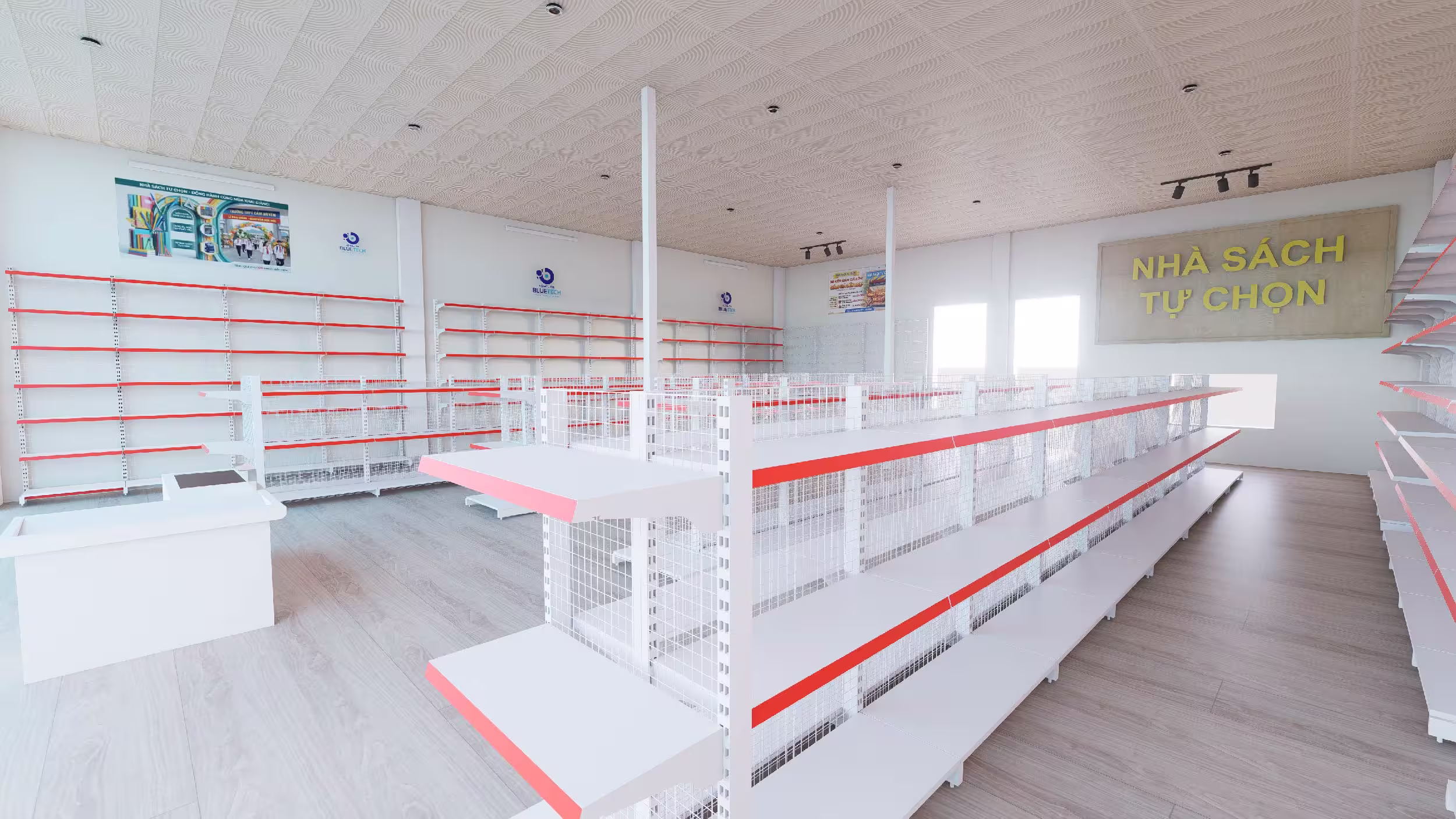Mẫu thiết kế nhà sách tự chọn 02 - kệ nhà sách lưng lưới BlueTech bố trí lối đi rộng rãi