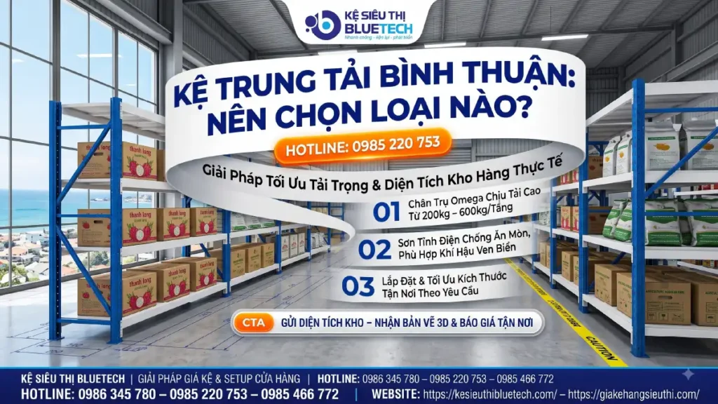 Kệ trung tải tại Bình Thuận chịu tải 200-600kg/tầng, sơn tĩnh điện chống ăn mòn ven biển Hệ thống kệ trung tải Bluetech chứa thanh long và nông sản tại kho hàng Bình Thuận