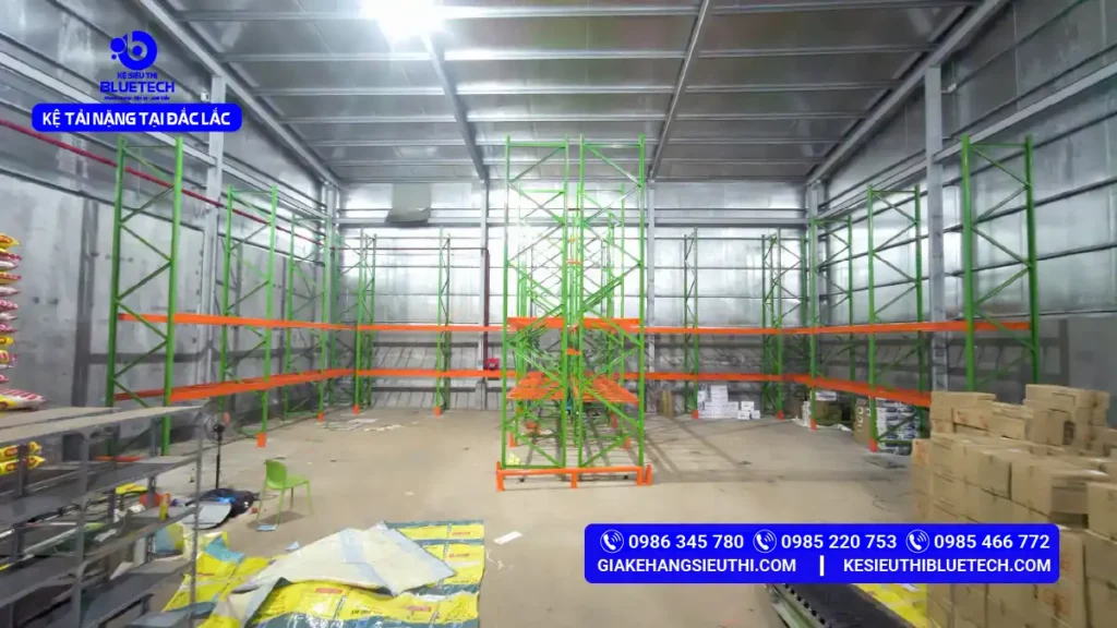 Bluetech bàn giao kệ tải nặng kho Minh Tân Đắk Lắk 5 dãy chữ W 1 đôi 4 đơn 128 pallet