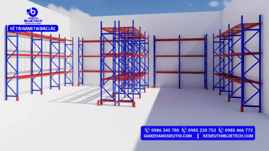 Phối cảnh 3D kho Đạm Phú Mỹ Đắk Lắk 5 dãy kệ tải nặng selective 2680x1100x6000mm hình chữ W gồm 1 dãy đôi giữa nhà và 4 dãy đơn áp tường, chân Omega 90x60x2 xanh dương Beam 50x120 đỏ cam tải 2000kg/tầng cao 6000mm 4 tầng chứa tổng 128 pallet