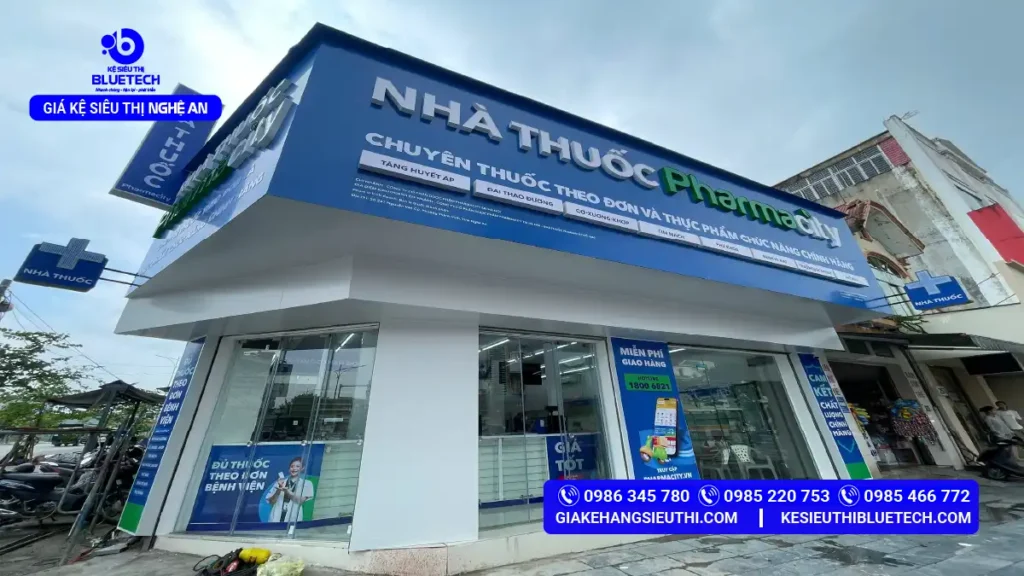 Thiết kế thi công nhà thuốc Pharmacity trọn gói giá xưởng - mặt tiền ngoại thất 247 Nguyễn Văn Cừ Nghệ An - Bluetech